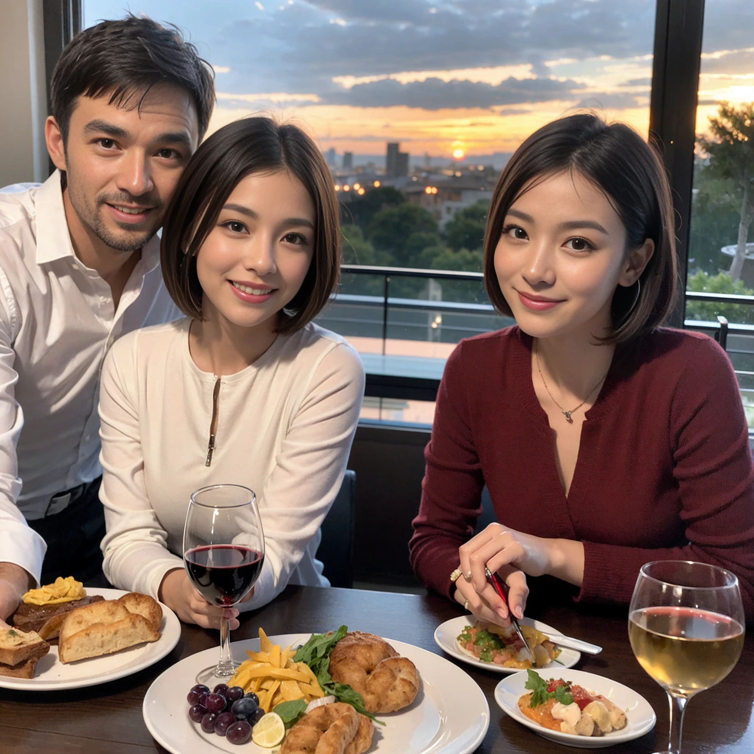 ((Highest quality、8K、masterpiece:1.3))、 (Ultra-realistic、 Genuine、Bright image、Intricate details:1.2), 最高のsmile、Slim Beauty、1 male 1 female、Beautiful couple、love love love、spouse、spouse、Good friends、actress couple、smile、Full-course dinner at a packed table、 (Slim face), (the body is slim), (Brown Hair), (short hair), テーブルのwine glass、Please shine a light on my face、 Amazing view of the sunset sky and clouds、 39 years old, red wine 、Appetizers、Wine bottle、sparkling wine、Long sleeve shirt、dress、White wine, red wine, wine glass, 