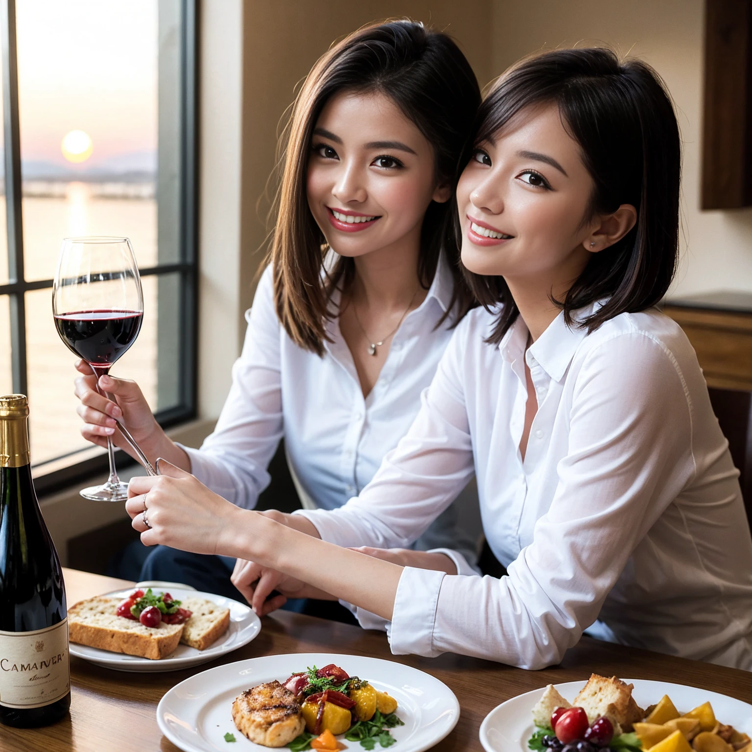 ((Highest quality、8K、masterpiece:1.3))、 (Ultra-realistic、 Genuine、Bright image、Intricate details:1.2), 最高のsmile、Slim Beauty、1 male 1 female、Beautiful couple、love love love、spouse、spouse、Good friends、actress couple、smile、Full-course dinner at a packed table、 (Slim face), (the body is slim), (Brown Hair), (short hair), テーブルのwine glass、Please shine a light on my face、 Amazing view of the sunset sky and clouds、 39 years old, red wine 、Appetizers、Wine bottle、sparkling wine、Long sleeve shirt、dress、White wine, red wine, wine glass, 