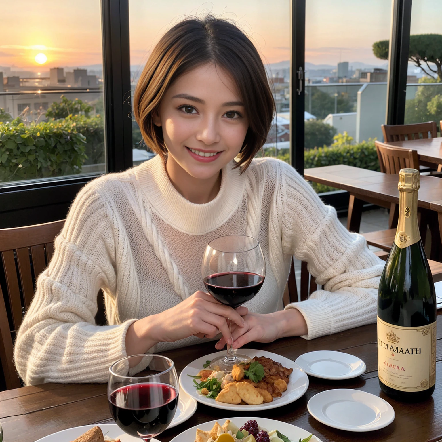 ((Highest quality、8K、masterpiece:1.3))、 (Ultra-realistic、 Genuine、Bright image、Intricate details:1.2), 最高のsmile、Slim Beauty、1 male 1 female、Beautiful couple、love love love、spouse、spouse、Good friends、actress couple、smile、Full-course dinner at a packed table、 (Slim face), (the body is slim), (Brown Hair), (short hair), テーブルのwine glass、Please shine a light on my face、 Amazing view of the sunset sky and clouds、 39 years old, red wine 、Appetizers、Wine bottle、sparkling wine、Long sleeve shirt、dress、White wine, red wine, wine glass, 