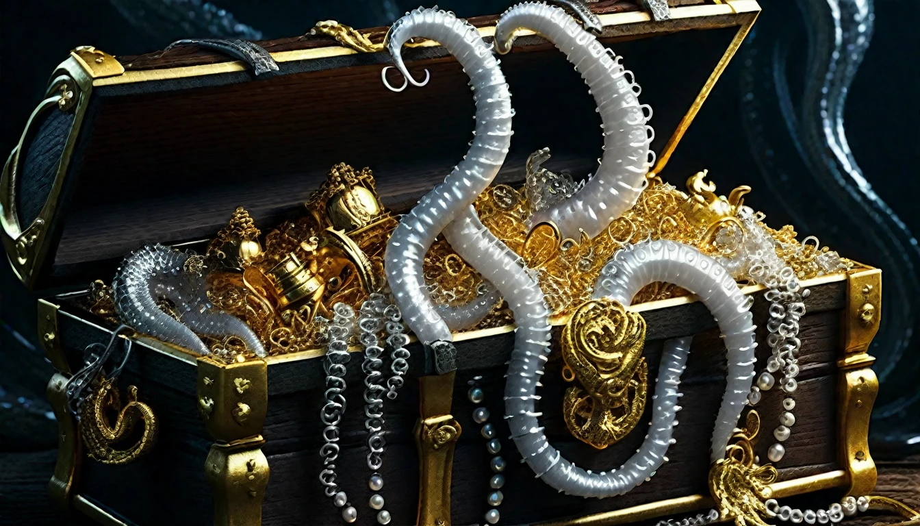 Tentacles extend from inside a treasure chest filled with gold and silver treasures.