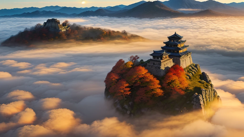 (Morning mist), (Takeda Castle ruins), (Hyogo, Japan), (floating above the clouds), (spectacular stone walls), (autumn foliage), (serene landscape), (mysterious atmosphere), (morning glow), (Japanese heritage), (mountain top), (historic site), (vibrant colors), (tourists admiring view), (ancient stonework)
