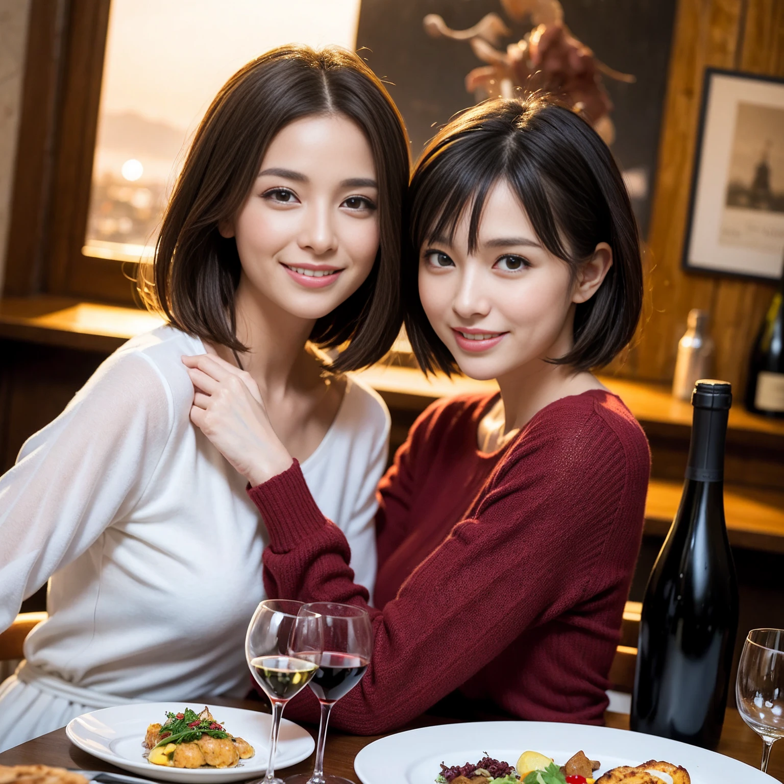 ((Highest quality、8K、masterpiece:1.3))、 (Ultra-realistic、 Genuine、Bright image、Intricate details:1.2), 最高のsmile、1 male 1 female、Slim Beauty、Beautiful couple、love love love、Lovers in Paris、Good friends、actress couple、smile、Full-course dinner at a packed table、 (Slim face), (the body is slim), (Brown Hair), (short hair), テーブルのwine glass、Please shine a light on my face、 Amazing view of the sunset sky and clouds、 years old 39 years old, red wine 、Appetizers、Wine bottle、sparkling wine、Long sleeve shirt、dress、White wine, red wine, wine glass,