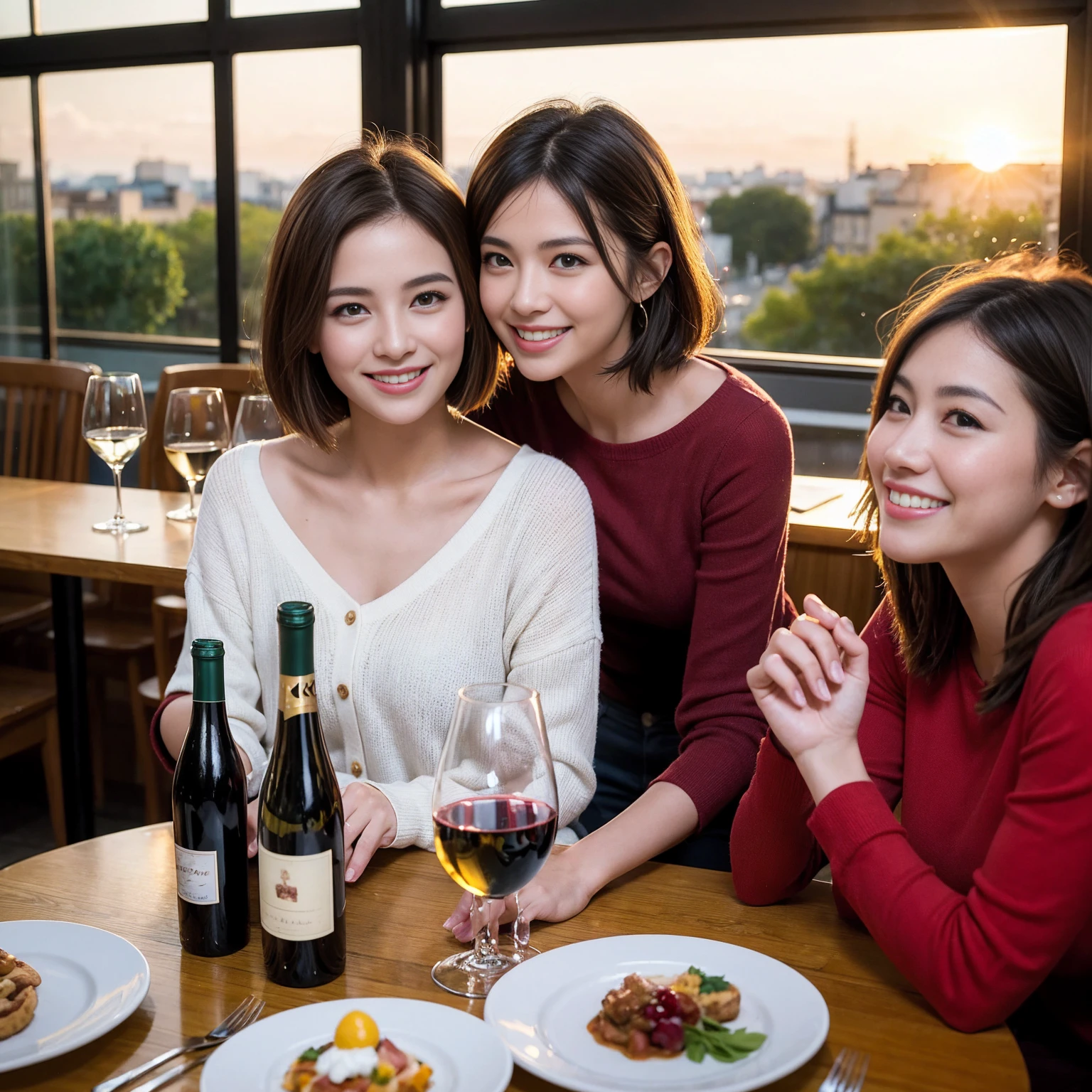 ((Highest quality、8K、masterpiece:1.3))、 (Ultra-realistic、 Genuine、Bright image、Intricate details:1.2), 最高のsmile、1 male 1 female、Slim Beauty、Beautiful couple、love love love、Lovers in Paris、Good friends、actress couple、smile、Full-course dinner at a packed table、 (Slim face), (the body is slim), (Brown Hair), (short hair), テーブルのwine glass、Please shine a light on my face、 Amazing view of the sunset sky and clouds、 years old 39 years old, red wine 、Appetizers、Wine bottle、sparkling wine、Long sleeve shirt、dress、White wine, red wine, wine glass,