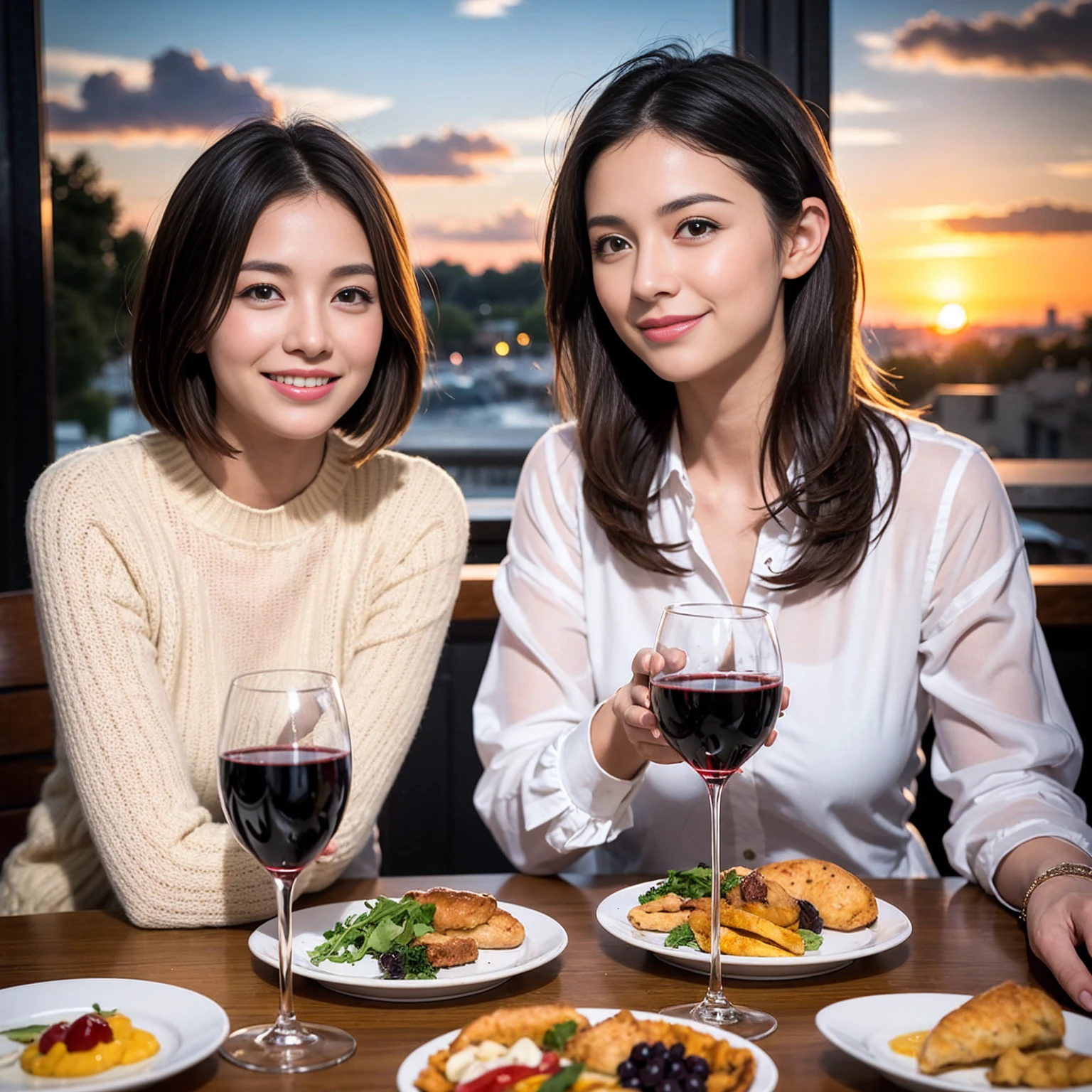 ((Highest quality、8K、masterpiece:1.3))、 (Ultra-realistic、 Genuine、Bright image、Intricate details:1.2), 最高のsmile、1 male 1 female、Slim Beauty、Beautiful couple、love love love、Lovers in Paris、Good friends、actress couple、smile、Full-course dinner at a packed table、 (Slim face), (the body is slim), (Brown Hair), (short hair), テーブルのwine glass、Please shine a light on my face、 Amazing view of the sunset sky and clouds、 years old 39 years old, red wine 、Appetizers、Wine bottle、sparkling wine、Long sleeve shirt、dress、White wine, red wine, wine glass, 