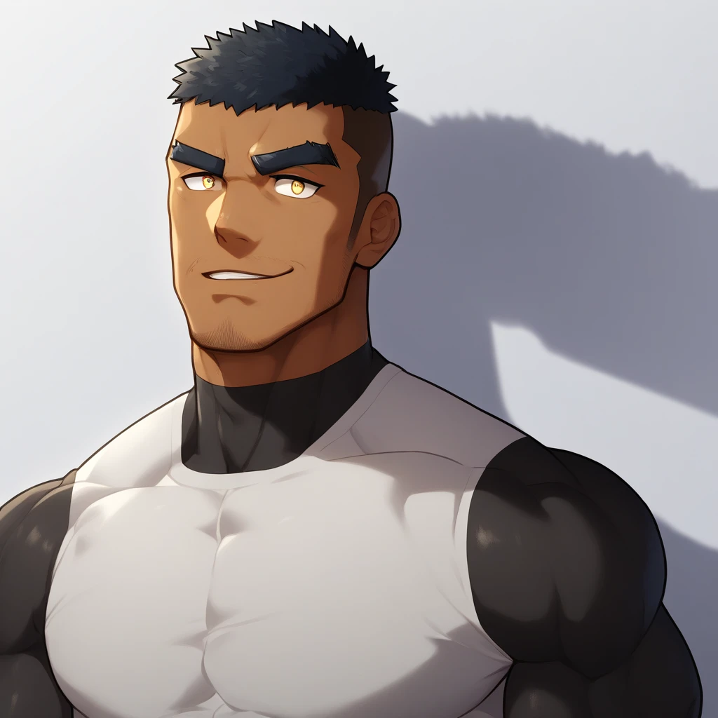 negro, negro, negro, anime characters:Gyee, Muscle Sports Student, negro black skin, 1 muscular tough guy, Manliness, male focus, Mike White long sleeve tights, Very tight, The pectoral muscles are oversized, Slightly transparent, muscular male, muscular, only, Upper body, alone, Black short hair, Thick eyebrows, stubble, Yellow eyes, White background, simple background, amazing quality, best aesthetics, Ridiculous, bright pupils, crew cut, parted lips, seductive smile, torogao, naughty face, drop shadow, best quality