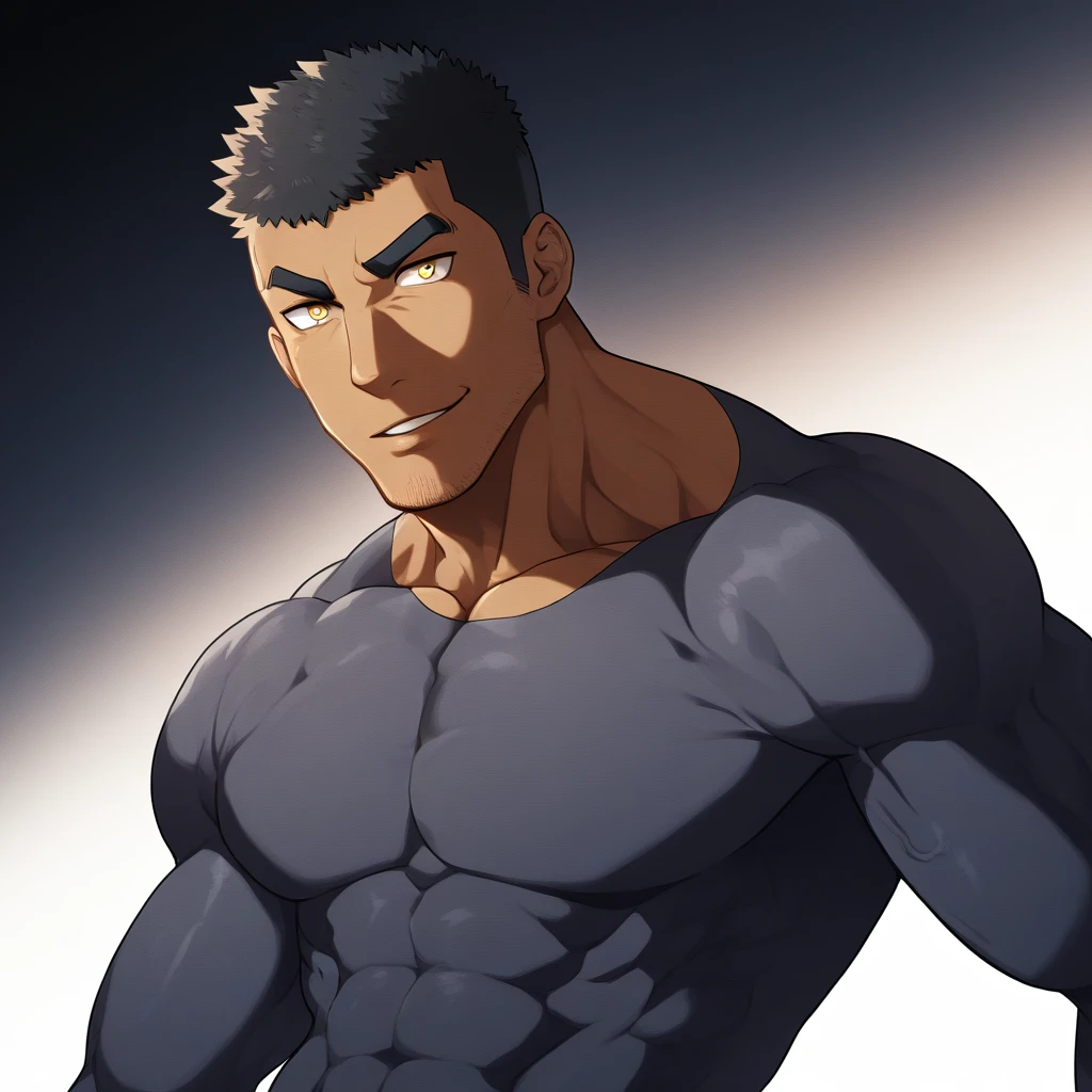 ?????, ?????, ?????, anime characters：Gyee, Muscle Sports Student, ????? black skin, 1 muscular tough guy, Manliness, male focus, Mike White long sleeve tights, Very tight, The pectoral muscles are oversized, Slightly transparent, muscular male, muscular, only, Upper body, alone, Black short hair, Thick eyebrows, stubble, Yellow eyes, White background, simple background, amazing quality, best aesthetics, Ridiculous, bright pupils, crew cut, parted lips, seductive smile, torogao, naughty face, drop shadow, best quality
