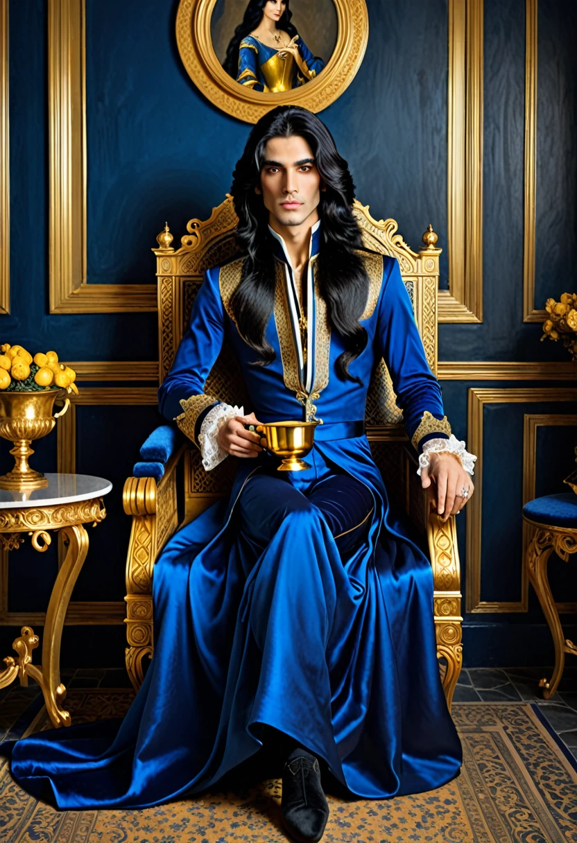 in a blue dress, with long black hair. sitting on a chair and holding a golden cup, beautiful androgynous prince, in dark blue clothes with gold accents, inspired by Osman Hamdi Bey, Prince of the Renaissance, Prince Charming of Persia, wear gold plated clothes, in high renaissance style, Vitaly Bugarov, in a renaissance style, Handsome, Exquisite aristocratic