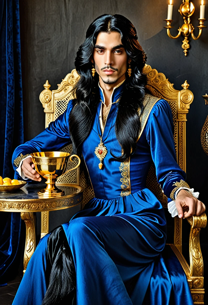 in a blue dress, with long black hair. sitting on a chair and holding a golden cup, beautiful androgynous prince, in dark blue clothes with gold accents, inspired by Osman Hamdi Bey, Prince of the Renaissance, Prince Charming of Persia, wear gold plated clothes, in high renaissance style, Vitaly Bugarov, in a renaissance style, Handsome, Exquisite aristocratic