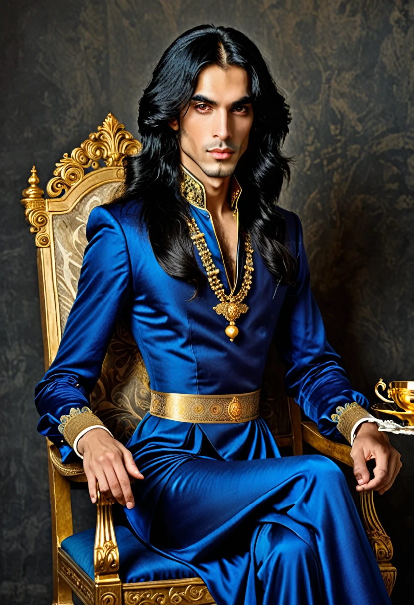 in a blue dress, with long black hair. sitting on a chair and holding a golden cup, beautiful androgynous prince, in dark blue clothes with gold accents, inspired by Osman Hamdi Bey, Prince of the Renaissance, Prince Charming of Persia, wear gold plated clothes, in high renaissance style, Vitaly Bugarov, in a renaissance style, Handsome, Exquisite aristocratic