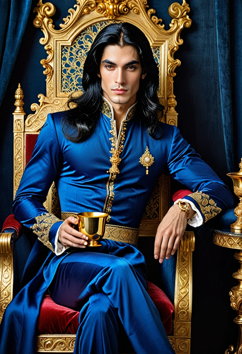 in a blue dress, with long black hair. sitting on a chair and holding a golden cup, beautiful androgynous prince, in dark blue clothes with gold accents, inspired by Osman Hamdi Bey, Prince of the Renaissance, Prince Charming of Persia, wear gold plated clothes, in high renaissance style, Vitaly Bugarov, in a renaissance style, Handsome, Exquisite aristocratic