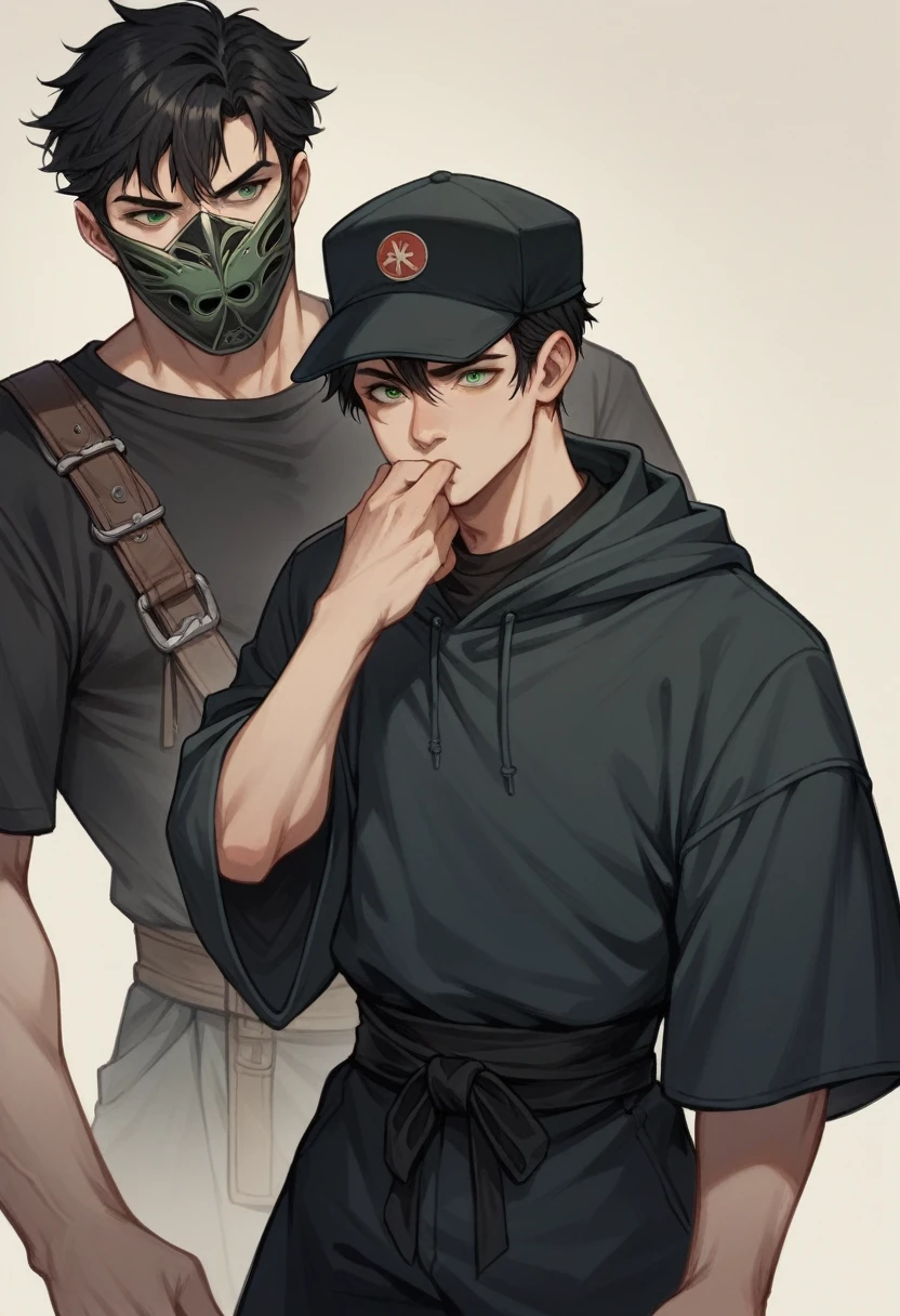 1 girl, realisitic, Asian, black hair long, with bangs, neon green eyes, samurai style hat, black sweatshirt, 1 boy, short black hair, black leagwear, aurea roxa, mask covering the mouth and nose