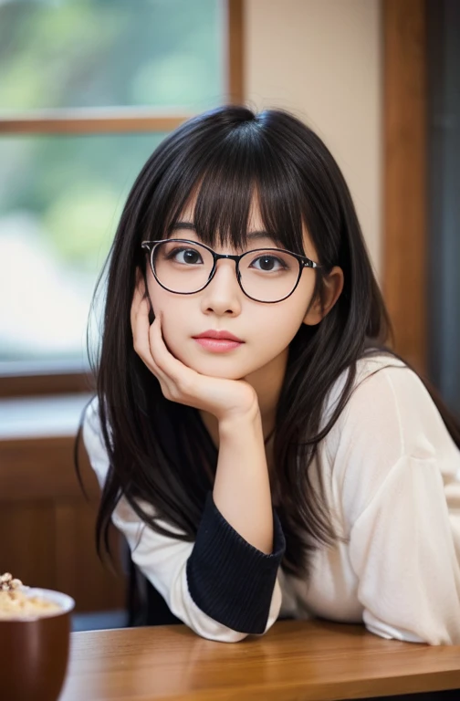 masterpiece、Highest quality、cinema、(Cute Japanese Woman、bangs:1.3)、23 years old、1 Girl、elegant、Black Hair、warm、wake up、Glasses