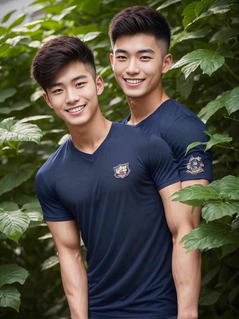 Handsome young man ,20 years old , short hair, Korea , student,(((Wear a navy shirt without stripes.))),smile , full body view ,chest muscles, Broad shoulders ,sportsperson , upper body (1), rain: 1.3, gym: 1.2, wet body: 1.1, exercise