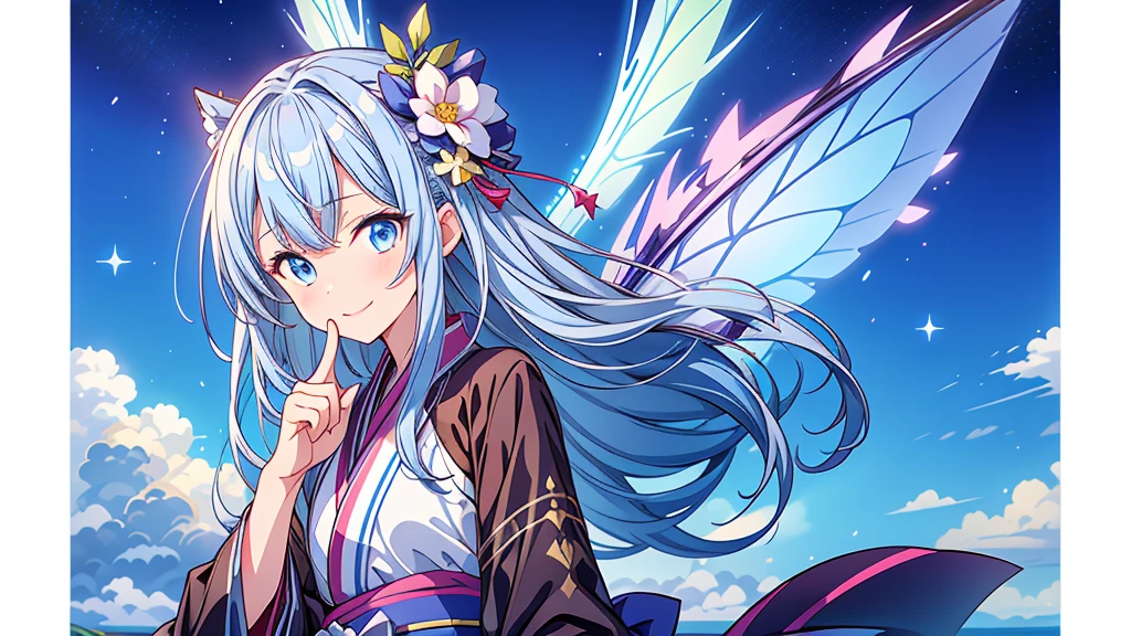 Highest quality、Masterpiece、Official Art、Dynamic composition、One Girl, alone,starの妖精、Index finger pointing to the left、 Hello, Virtual YouTuber, Milky white with blue inner color hair, Transparent little fairy wings, Hello,wings, Blue Hair, smile, View your viewers, 青いbackground, background, Long Hair, Single hair ingestion, upper dy whole body,Blue eyes, 眉毛より上の短めのbangs, bangs, blue eyes,Sleeves are longer than the wrist, Gothic Lolita Kimono Remade from Kimono、universe、Milky Way、star、