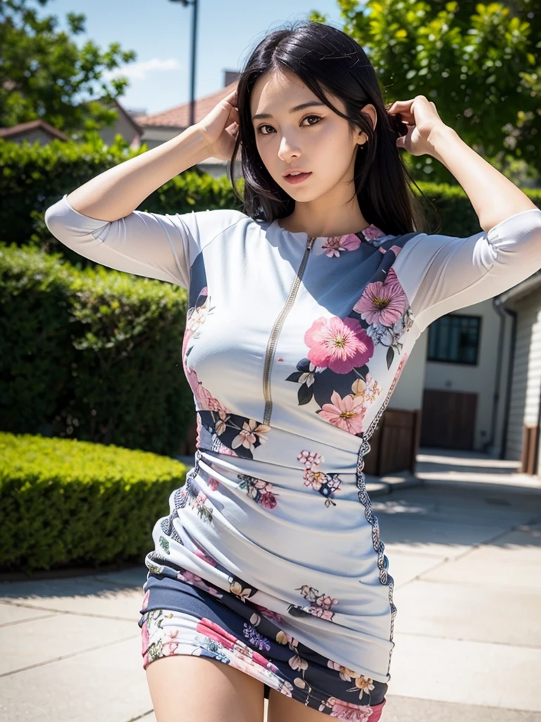 1girl,sexy pose,best quality,masterpiece,illustration,an extremely delicate and beautiful,CG,unity,8k wallpaper,Amazing,finely detail,masterpiece,official art,extremely detailed CG unity 8k wallpaper,incredibly absurdres,huge filesize,ultra-detailed,highres,extremely detailed,beautiful detailed girl,realistic,outdoors,light contrast,(Floral_summer_dress:1.5),