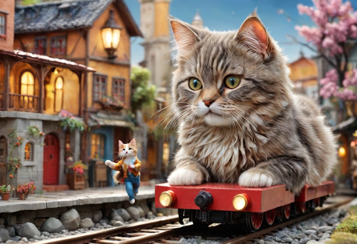 A giant cat is running amok in a miniature town,Cat lifting a train,big cat:cute:fluffy:超cute:big size,diorama:Line:train,ultra joyful,happy,happiness,destroy and play,Diorama and cat,masterpiece,The best masterpiece,A wonderful photo that makes the viewer feel happy,anatomically correct,structurally correct,cool lighting,perfect composition,best configuration,rich colors,Cast colorful spells,intricate details,in detail,fantasy,reality,Fluffy cat,Super cute cat,wonderful,cat is too big,the city is too small,minuet