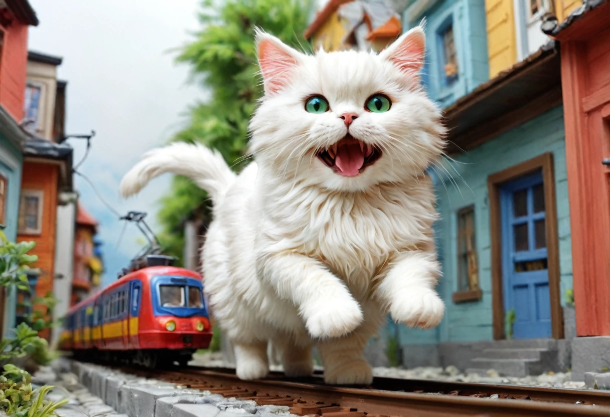 A giant cat is running amok in a miniature town,Cat lifting a train,big cat:cute:fluffy:超cute:big size,diorama:Line:train,ultra joyful,happy,happiness,destroy and play,Diorama and cat,masterpiece,The best masterpiece,A wonderful photo that makes the viewer feel happy,anatomically correct,structurally correct,cool lighting,perfect composition,best configuration,rich colors,Cast colorful spells,intricate details,in detail,fantasy,reality,Fluffy cat,Super cute cat,wonderful,cat is too big,the city is too small,minuet