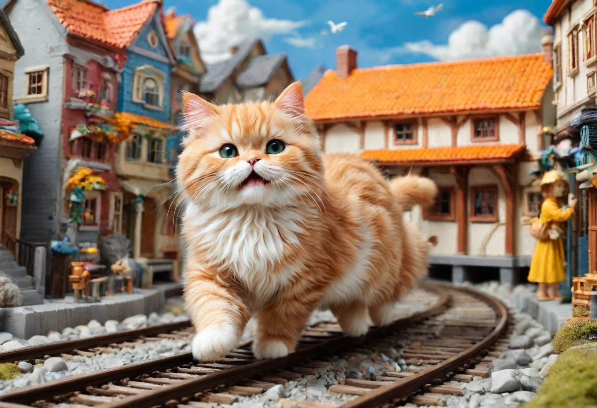 A giant cat is running amok in a miniature town,Cat lifting a train,big cat:cute:fluffy:超cute:big size,diorama:Line:train,ultra joyful,happy,happiness,destroy and play,Diorama and cat,masterpiece,The best masterpiece,A wonderful photo that makes the viewer feel happy,anatomically correct,structurally correct,cool lighting,perfect composition,best configuration,rich colors,Cast colorful spells,intricate details,in detail,fantasy,reality,Fluffy cat,Super cute cat,wonderful,cat is too big,the city is too small,minuet