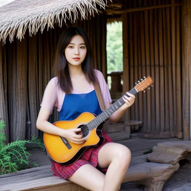 Araffi woman sitting in front of a hut with a guitar, Jae Yeon Nam, Tzuyu from two times, Korean girl, Chinese girl, Jinyoung Shin, Roseanne Park of blackpink, Korean idol, girl playing guitar, gongbi, portrait of female Korean idol, beautiful south korean women, singer-songwriter, Korean artist, Xindong Chen, Wen Feiye