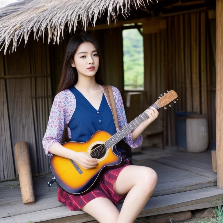 Araffi woman sitting in front of a hut with a guitar, Jae Yeon Nam, Tzuyu from two times, Korean girl, Chinese girl, Jinyoung Shin, Roseanne Park of blackpink, Korean idol, girl playing guitar, gongbi, portrait of female Korean idol, beautiful south korean women, singer-songwriter, Korean artist, Xindong Chen, Wen Feiye