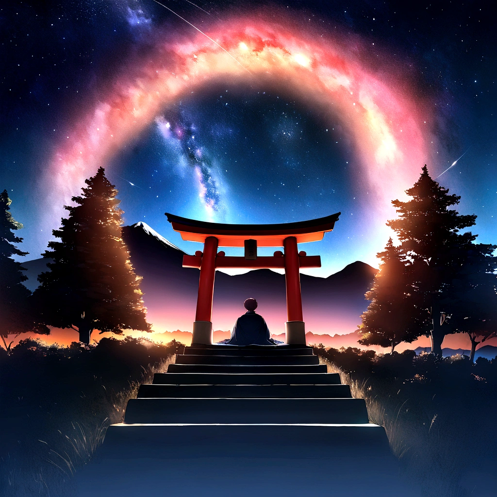 Master Parts、Superior Quality、Excellent image quality、8K quality、、Beautiful starry sky photos、grow、Arched Milky Way、Fuji Mountain、torii
