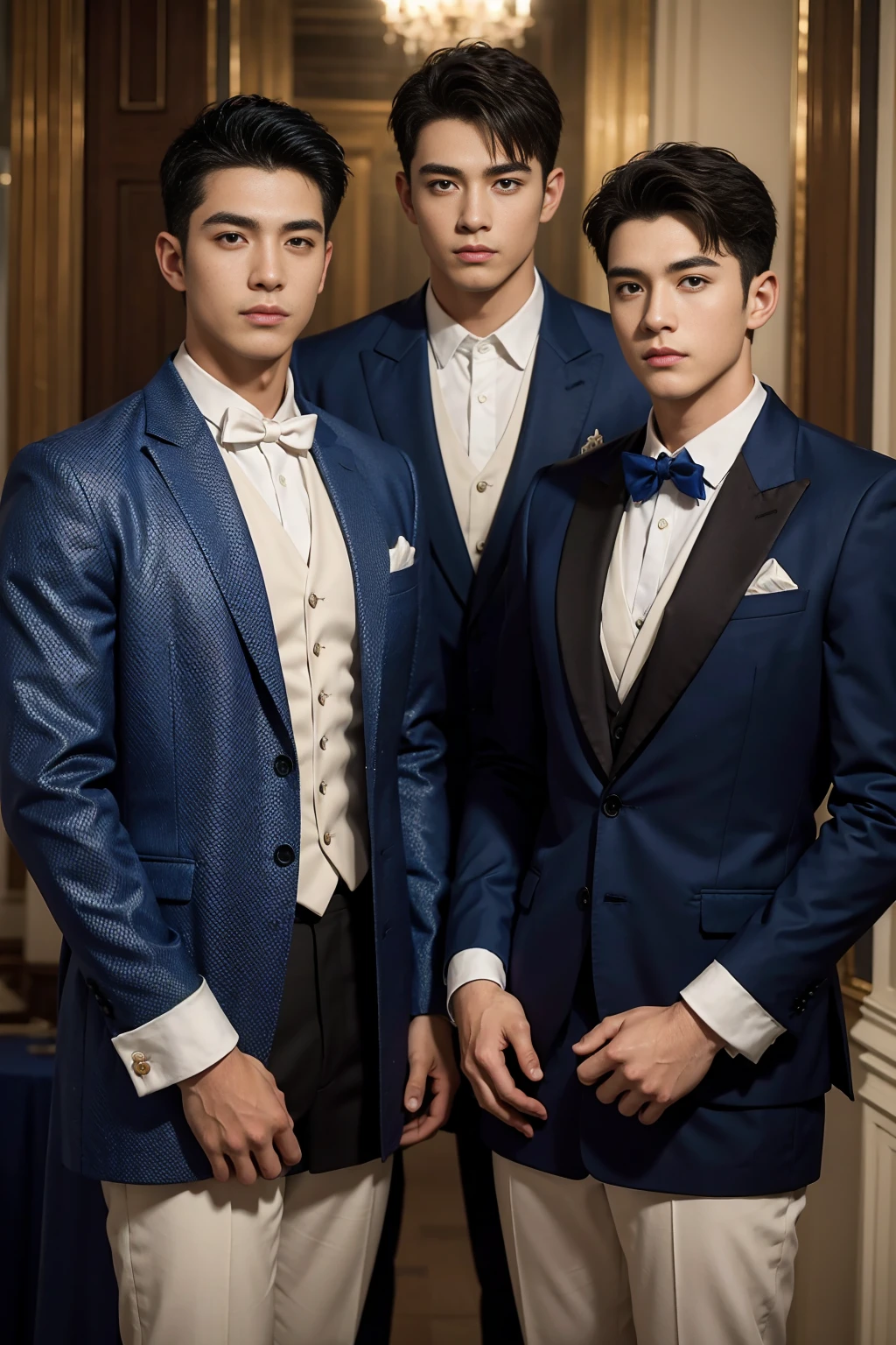 ((masterpiece)),((best quality)),8K,high detail,Very detailed, Very manly，3 men, like，fashion pose, Realistic skin texture, Light,
Royal blue style couple