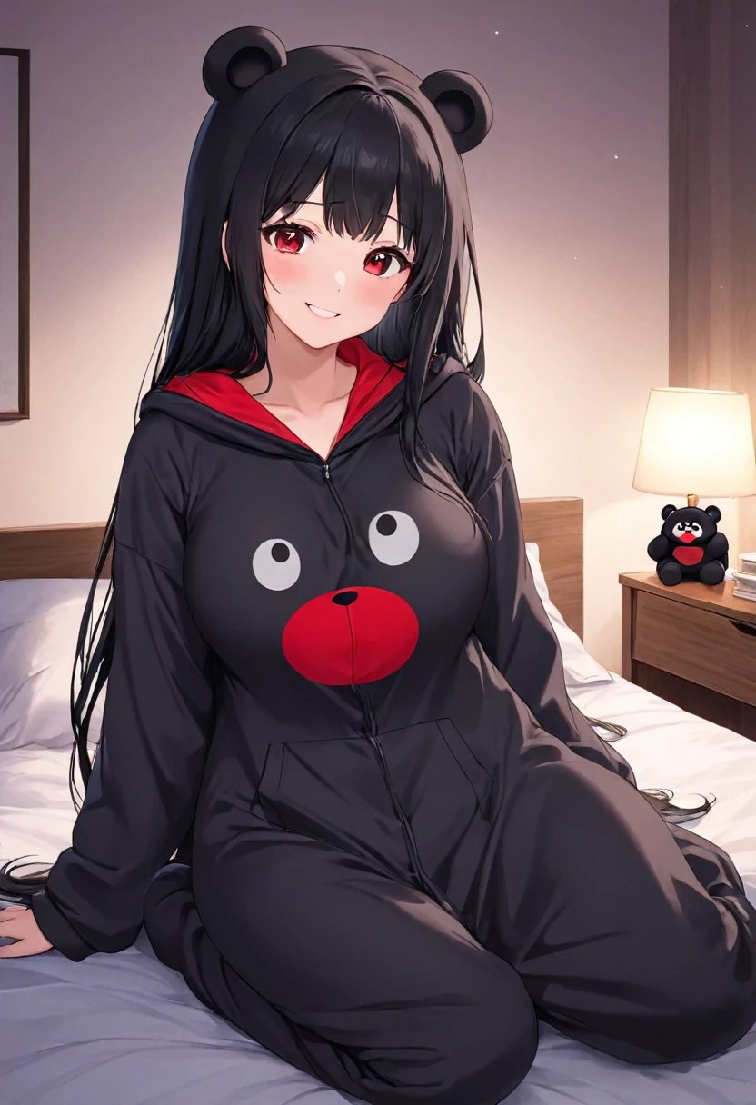 (Kigurumi pajamas style) (18 yo, solo straight:1.2 black hair long hair sexy dominance lady, detailed red eyes, love smile, big tits), (in a Kumamon:1.5 hooded, kumamon kigurumi), break, in the lovely bedroom of night, BREAK, masterpiece, best quality, 16k, beautiful detailed night, daydreaming expression.