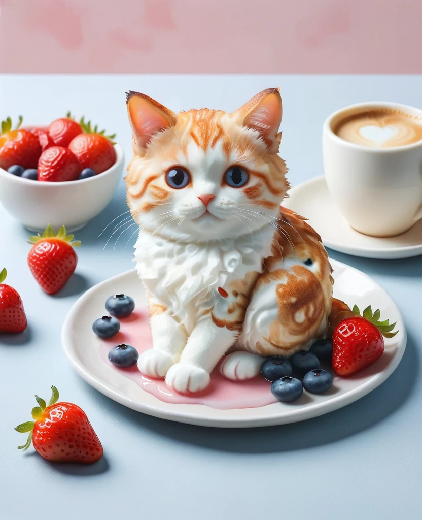 (masterpiece, Highest quality, Highest quality, Official Art, Beautiful and beautiful,Lovely illustration,:1.5), strawberry, blueberry, toast, coffee, For breakfast, Lovely, pastel colour, fluffy , Cat, Happy, watercolor, soft, warm