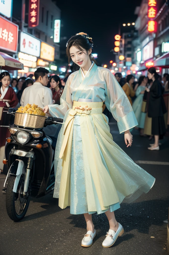 (((best quality))),(((ultra detailed))),(((masterpiece))),illustration,1girl,bun hair,(see through gauze hanbok:1.3),collar,slim,flat chest,laughing, summer night,Korean city scape, street, neon signs, beautiful, vibrant, detailed facial features,medium hair, elegance, cultural atmosphere, bustling city,tall buildings full of colorful advertisements, reflections, lively atmosphere, street food aroma,full body,slender legs,loafers