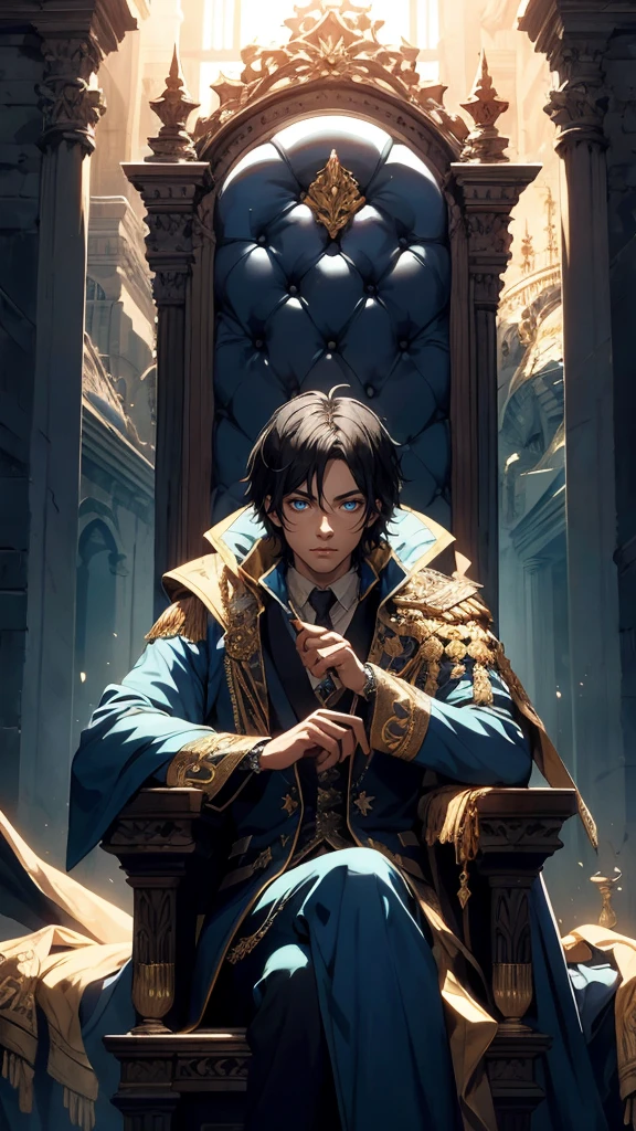Black haired, A blue-eyed prince sleeps on a majestic throne inside an abandoned palace. The environment around it is dark and gloomy, with evil blue eyes in the walls and cobwebs hanging there. The throne is richly decorated, with details of gold and precious stones, and covered with a dusty cloth. The protagonist is dressed in royal clothes, Masterpiece, Best Quality, Ultra-detailed, illustartion, concept art in 8K resolution, Fantasy art, epic art, concept art wallpaper 4k, Deep color, natural lighting, detailed face, proper finger, majestic