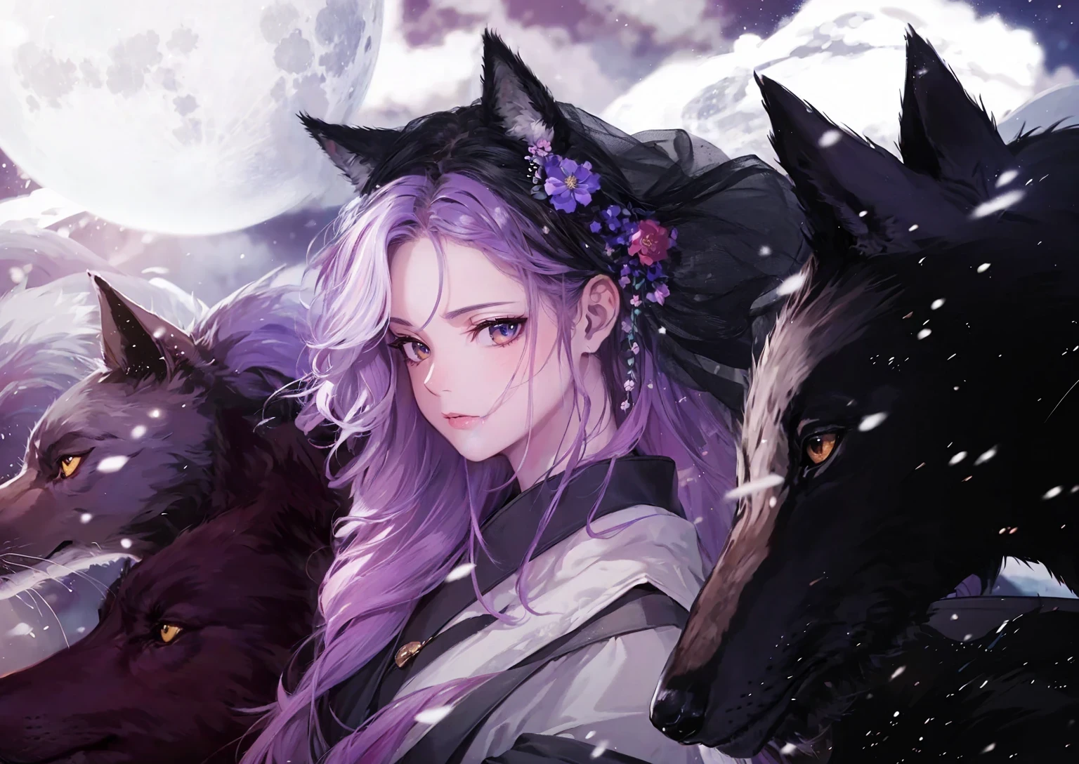 (3d:1.4), (masterpiece, best quality, high quality, highres, absurdres:1.2), ((extremely detiled illustration, wide view, portrait)), (((colorful, extremely detailed unity 8K wallpaper, an extremely delicate and beautiful girl, beautiful detailed eyes))), ((beautiful detailed background)), narrow waist, slim body, she looks very relaxed, (black_hair, dog ears, white_hair, streaked hair:1.3), kimono, china dress, hanbok, korean traditional dress, pink hair, purple hair, bouquet, (full flower of background, floral background), pastel, moon, watercolor \(medium\), (full moon, 1girl, hair flower:1.2), ulzzang-6500, (pureerosface_v1:1.2)