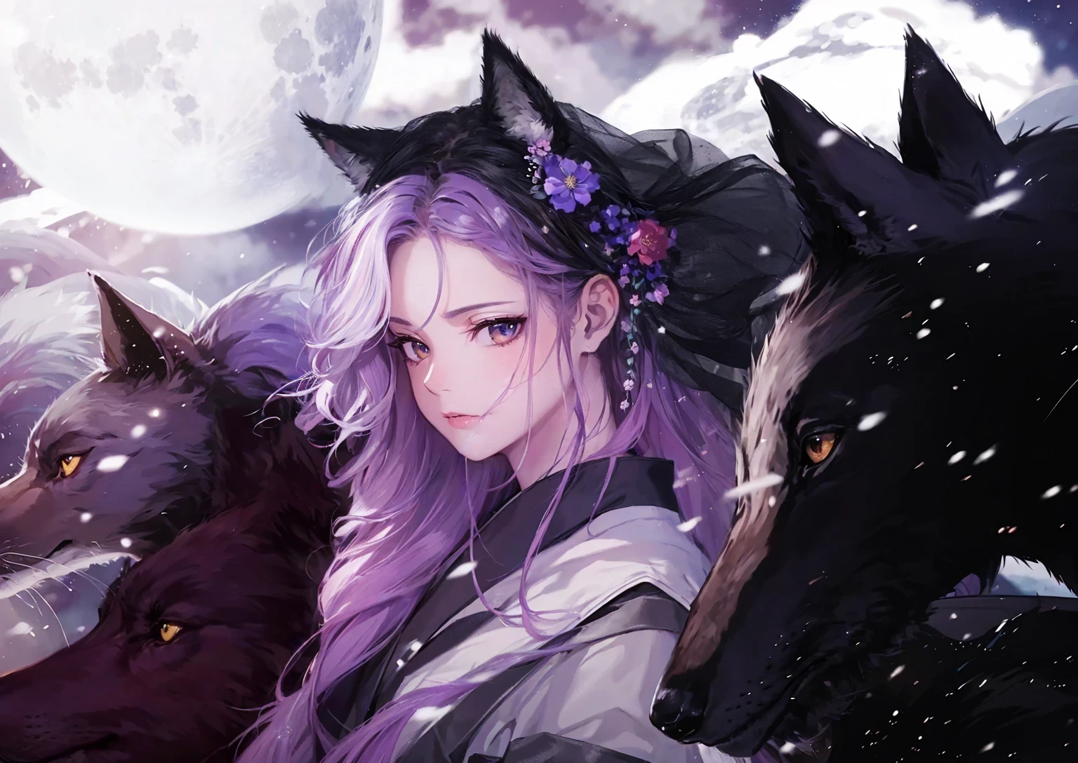 (3d:1.4), (masterpiece, best quality, high quality, highres, absurdres:1.2), ((extremely detiled illustration, wide view, portrait)), (((colorful, extremely detailed unity 8K wallpaper, an extremely delicate and beautiful girl, beautiful detailed eyes))), ((beautiful detailed background)), narrow waist, slim body, she looks very relaxed, (black_hair, dog ears, white_hair, streaked hair:1.3), kimono, china dress, hanbok, korean traditional dress, pink hair, purple hair, bouquet, (full flower of background, floral background), pastel, moon, watercolor \(medium\), (full moon, 1girl, hair flower:1.2), ulzzang-6500, (pureerosface_v1:1.2)