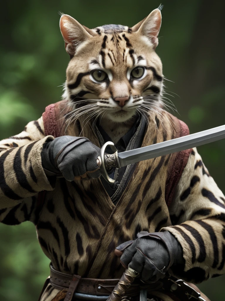 ocelot、Holding a sword， Extremely high resolution detail, photograph, Fine texture, Incredibly realistic