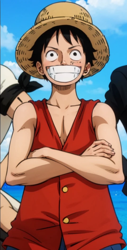Men,strawhat, sleeveless red shirt, smiling,black hair,