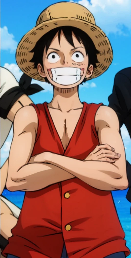 Men,strawhat, sleeveless red shirt, smiling,black hair,