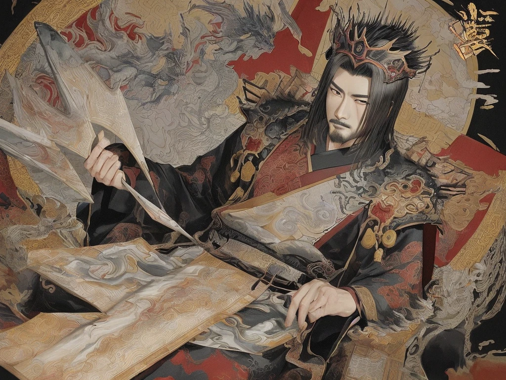 dry oil brushabstract, ink art, flying effect, illustration, A cunning and strategic portrait of Cao Cao, a warlord from the Three Kingdoms era. He wears a royal robe with dragon patterns, a crown, and has a sharp, intelligent look. He is seated on a throne, holding a fan, surrounded by maps and scrolls.