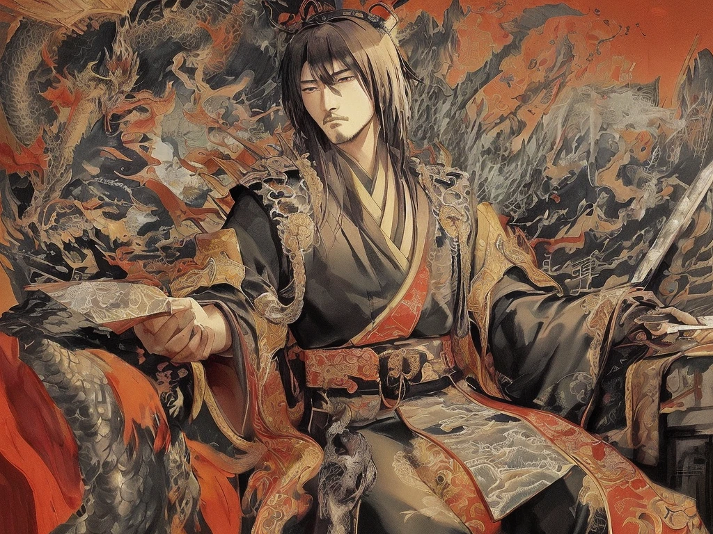 dry oil brushabstract, ink art, flying effect, illustration, A cunning and strategic portrait of Cao Cao, a warlord from the Three Kingdoms era. He wears a royal robe with dragon patterns, a crown, and has a sharp, intelligent look. He is seated on a throne, holding a fan, surrounded by maps and scrolls.