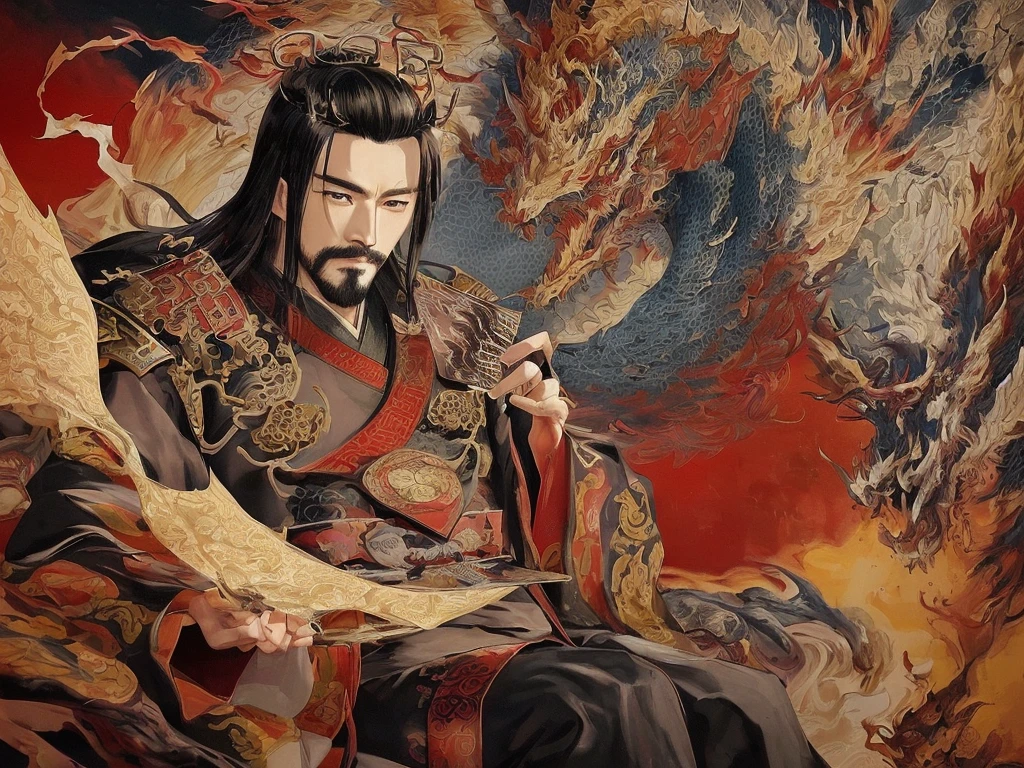 dry oil brushabstract, ink art, flying effect, illustration, A cunning and strategic portrait of Cao Cao, a warlord from the Three Kingdoms era. He wears a royal robe with dragon patterns, a crown, and has a sharp, intelligent look. He is seated on a throne, holding a fan, surrounded by maps and scrolls.