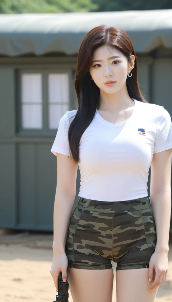 close-up of beautiful South Korean, Kwon Eunbi is a South Korean singer and actress, Lieutenant Jordan O'Neil is a female character G.I. Jane movie remake, youthful face, perfect body, white body skin, sexy looking pose, pose a naughty look, very long hair, black hair, straight hair, 36 inches breasts size, wearing a plain white short-sleeved t-shirt, wearing a tight camouflage leggings, at the military training camp, military training camp background, UHD