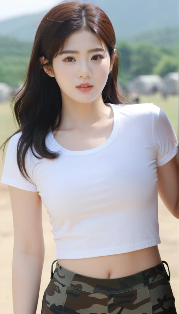 close-up of beautiful South Korean, Eunha is a VIVIZ South Korean pop girl group, age 18 years old girl, youthful face, perfect body, white body skin, very long hair, standard black hair, straight hair, 32 inches breasts size, wearing a plain standard light white short-sleeved t-shirt, wearing a tight camouflage seamless spandex boyshort pant short leggings, sexy looking pose, pose a naughty look, pose looks seductive, at the military training camp, military training camp background, UHD