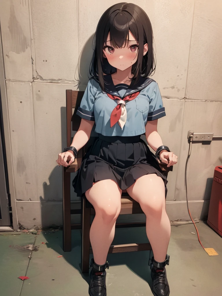 1 girl, (blushing, terrified), tied to a chair, straped to chair, (short sleeve, mini-skirt, sailor uniform), (inside basement, underground), (wrist cuffs, ankle cuffs, wrists tied, ankles tied), perfect body, detailed face, detailed eyes, full body, image taken from afar