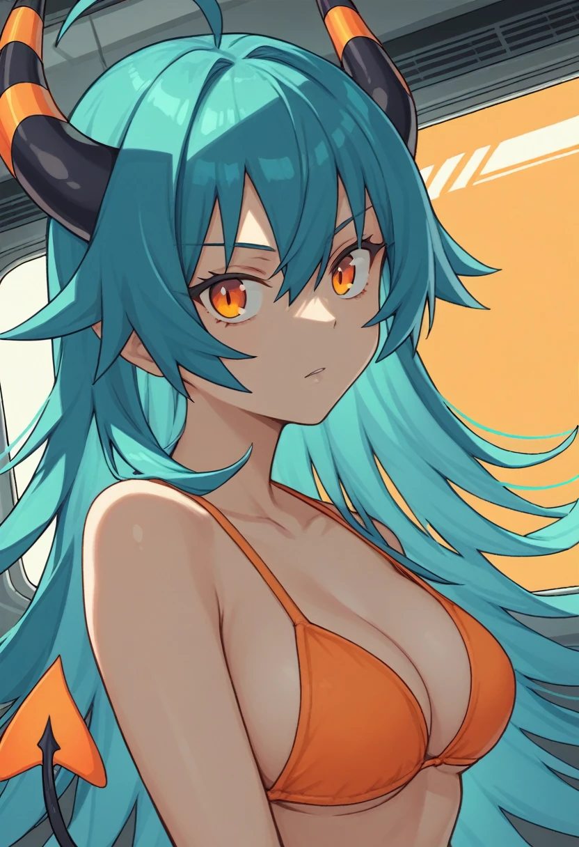 score_9, score_8_up, score_7_up,1 daemon woman,black  demon horns, black demon tail, (aquamarine hair),aquamarine green color hair,ahoge, long hair, (long hair),bangs, light orange bikini,bikini is orange, bikini orange, orange bikini!, (orange eyes), background is spaceship, orange eyes, 1woman ,facing viewer, daemon girl,  close up,Well-endowed, alone,Spacecraft interior