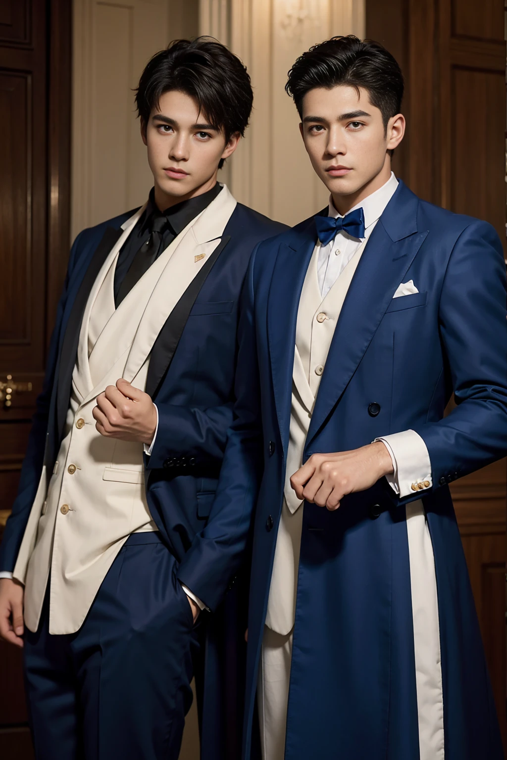 ((masterpiece)),((best quality)),8K,high detail,Very detailed, Very manly，3 men, like，fashion pose, Realistic skin texture, Light,
Royal blue style couple