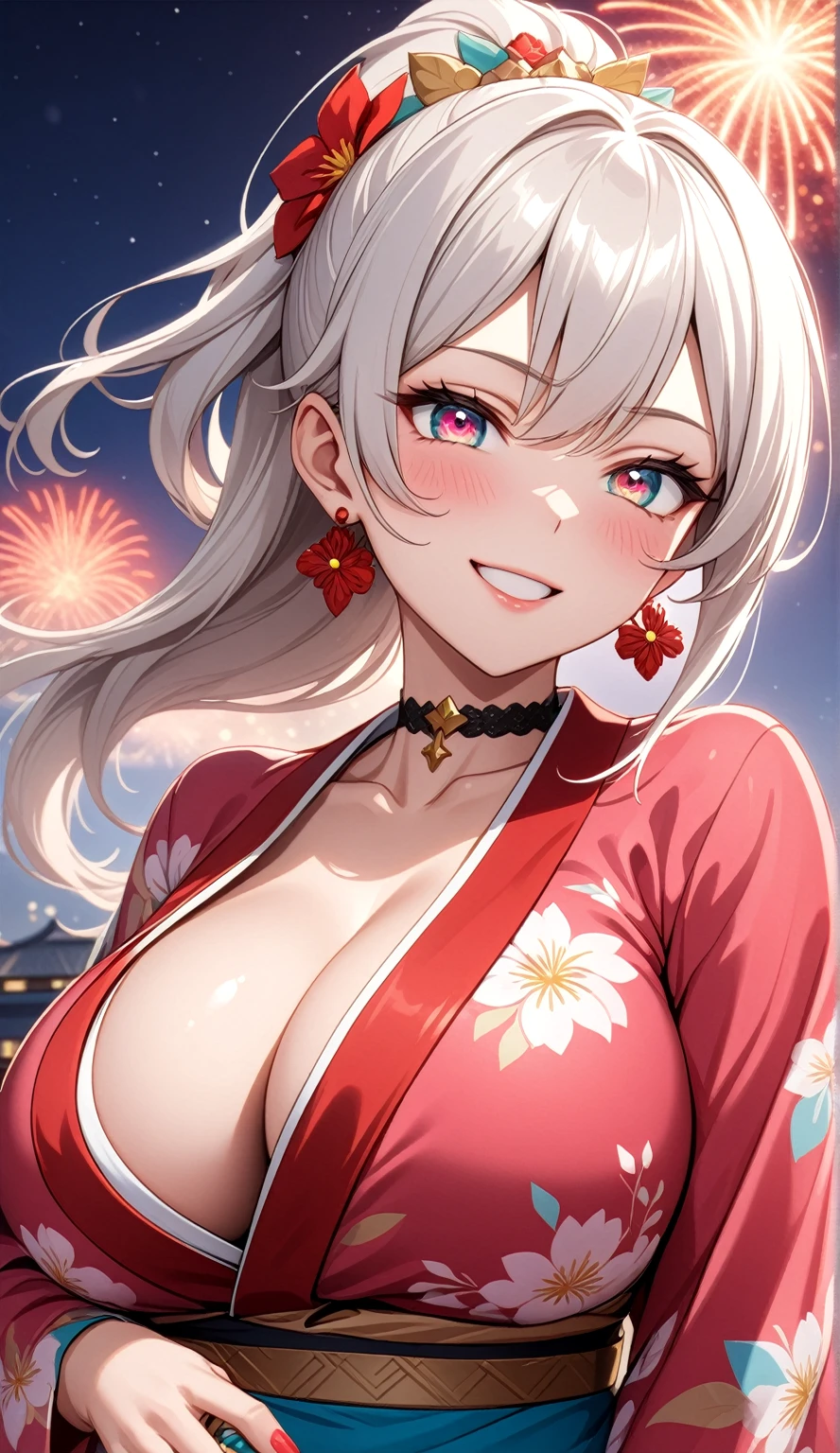 ((One personの女性)), Beautiful Face, head tilt, ((laugh)),((Wink:1.7)),((Touch your lips)), Laugh with your mouth wide open,((Bright red cheeks:1.4)),Shiny red lips,night,rooftop,You can see the ocean, firework,Laughing with your mouth open,Glossy pink lips, lighting,((Anime style background)),masterpiece, Highest quality, so beautiful,up to date, Complex details, (Pink long nails), (4fingers and 1thumbs), (ring),(bracelet),(choker),AI-generated, Complex,High resolution, Highest quality, super high quality,3D Images、3D Images,One person,Long blonde hair,High Ponytail,(Turquoise Eyes),Anime woman posing for a photo, ((Fine grain、Colorful eyes on white、Shining Eyes:1.3)),(Squint your eyes:1.1),a hyperRealistic , hyperRealistic , Realistic,Anime woman with long white hair, Smooth anime CG art, A woman in a colorful kimono with gold embroidery, (Pink long sleeve kimono),Red floral pattern,Long flower hair ornament,Earrings,Mature Body,(Big Breasts:1.1),expensive,Abdominal muscles,Tight waist,(Zoom up to face:1.7),Shooting from diagonally below