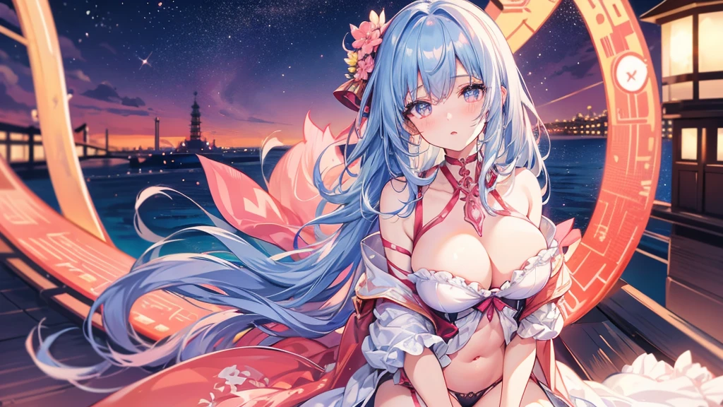 Kyoto animation style, world masterpiece, upper body, on side, focus on eyes, beautiful detailed, Perfect female body, 1 girls, 20 years old, very long hair, messy hair style, Air bangs, baby blue hair, colored inner hair, gemological hair, extremely beautiful detailed anime face and eyes, heart , delicate hands, medium ,  navel, barefoot, peach pink pupils, detailed skin, Frill, piercing, , landscapes, night, meteor, sparkle, wallpaper 8k CG, the best quality,