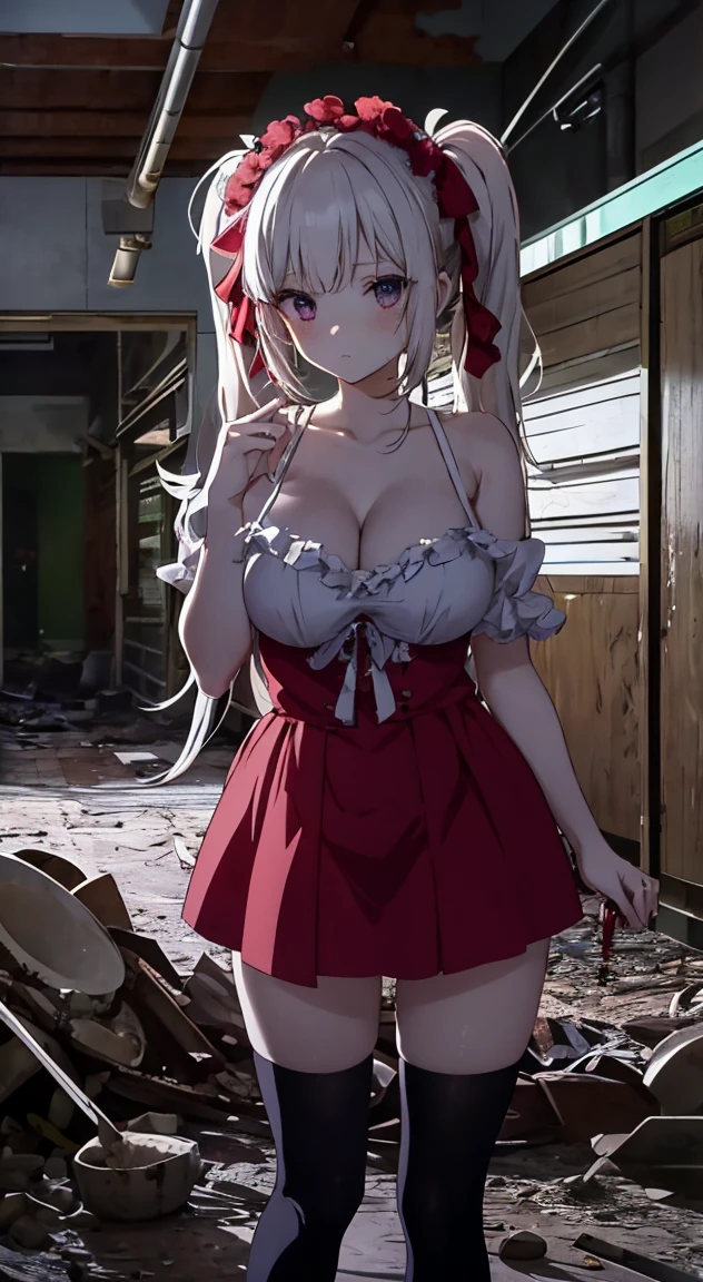 masterpiece, highest quality, (anime screencap:1.3),(shape), cute,(simple:1), (anime:1.2),Solo Sharp Focus, 1 girl, cleavage,looking at the viewer, Japan,nighttime,gold hair,((mini skirt)),Are standing, twin tails,summer ,((Black Gothic Costume)),red ribbon,in the dark gothic,abandoned house,ta fashion,gothic bonnet,hair ribbon,cowboy shot,in the nighttime,rainy sky,,(Ruins house1.1),（Abandoned house1.1),large breasts,dark,cloudy,heavy rain,（Holding a bloody knife1.1),（bathe in blood1.1),NSFW,