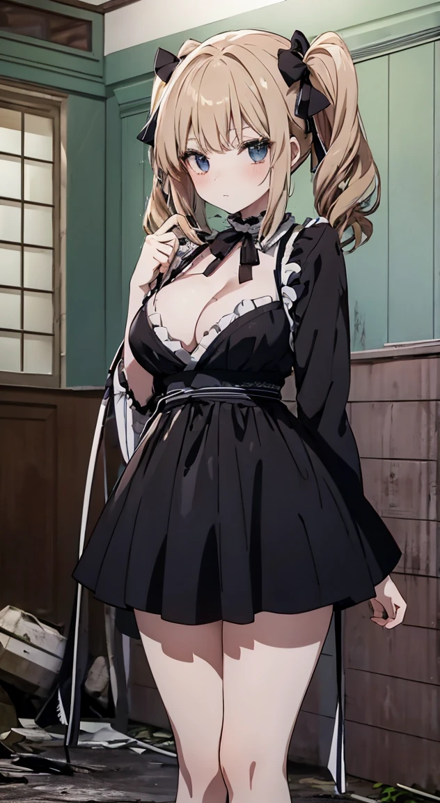 masterpiece, highest quality, (anime screencap:1.3),(shape), cute,(simple:1), (anime:1.2),Solo Sharp Focus, 1 girl, cleavage,looking at the viewer, Japan,nighttime,gold hair,((mini skirt)),Are standing, twin tails,summer ,((Black Gothic Costume)),red ribbon,in the dark gothic,abandoned house,ta fashion,gothic bonnet,hair ribbon,cowboy shot,in the nighttime,rainy sky,,(Ruins house1.1),(Abandoned house1.1),large breasts,dark,cloudy,heavy rain,(Holding a bloody knife1.1),(bathe in blood1.1),NSFW,