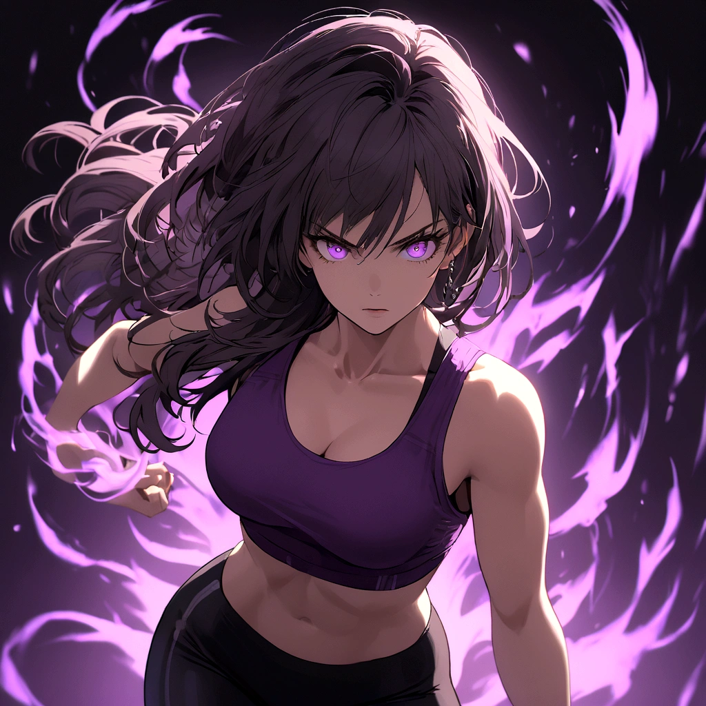 A female character in Tsukasa Hojo style, wearing a deep purple sports bra and black leggings, with a fierce, determined look in her eyes. The character is performing a challenging yoga pose, with a shadowy background enhancing her mysterious aura.