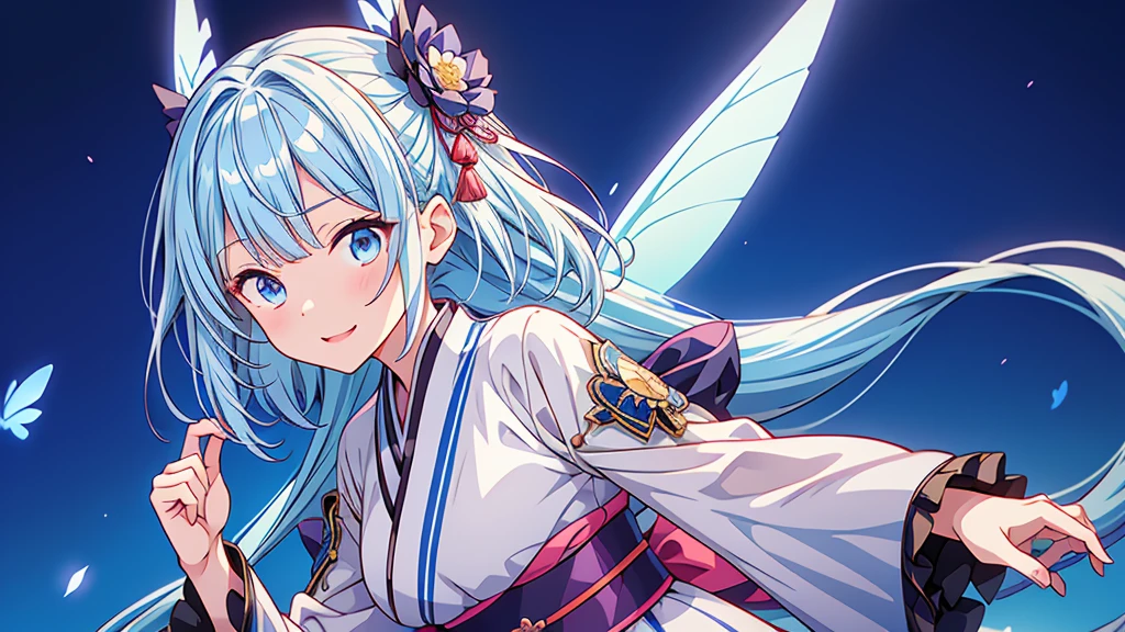 Highest quality、Masterpiece、Official Art、Dynamic composition、One Girl, alone,starの妖精、The index finger on the left is pointing to the left side of the screen.、 Hello, Virtual YouTuber, Milky white with blue inner color hair, Transparent little fairy wings, Hello,wings, Blue Hair, smile, View your viewers, 青いbackground, background, Long Hair, Single hair ingestion, upper dy whole body,Blue eyes, 眉毛より上の短めのbangs, bangs, blue eyes,Sleeves are longer than the wrist, Gothic Lolita Kimono Remade from Kimono、universe、Milky Way、star、