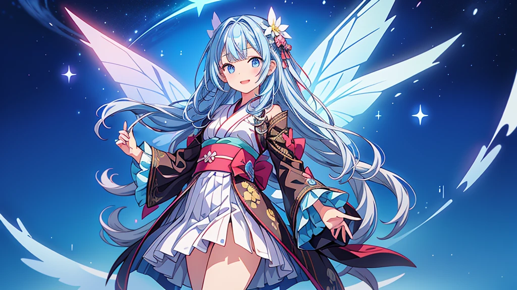 Highest quality、Masterpiece、Official Art、Dynamic composition、One Girl, alone,starの妖精、The index finger on the left is pointing to the left side of the screen.、 Hello, Virtual YouTuber, Milky white with blue inner color hair, Transparent little fairy wings, Hello,wings, Blue Hair, smile, View your viewers, 青いbackground, background, Long Hair, Single hair ingestion, upper dy whole body,Blue eyes, 眉毛より上の短めのbangs, bangs, blue eyes,Sleeves are longer than the wrist, Gothic Lolita Kimono Remade from Kimono、universe、Milky Way、star、